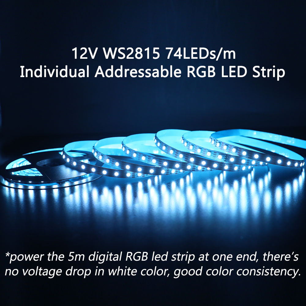 12V WS2815 Individual Addressable 5050 LED Programmable 74LEDs/m RGB Strip Lights 16.4FT 12V WS2815 Individual Addressable 5050 LED Programmable 74LEDs/m RGB Strip Lights 16.4FT